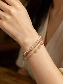 rundraw Multi-Layer Copper Bracelet, Decorated With Artificial Pearls And Colorful Gemstones, A Fashionable And Versatile Multi-Functional Accessory. - Multicolor - View 2