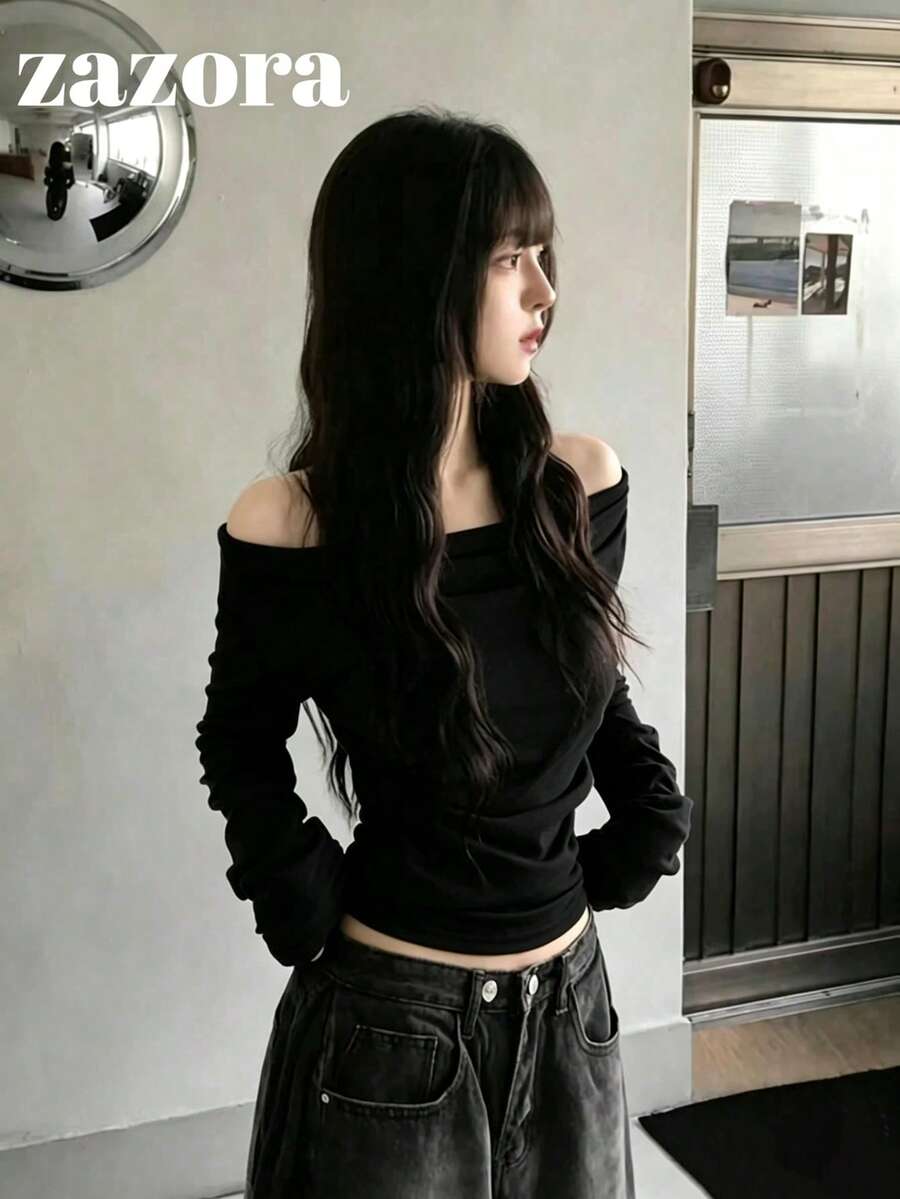 Korean Style Slimming Cold Shoulder Versatile Long Sleeve T-Shirt Top Autumn Clothing - Black - View 1