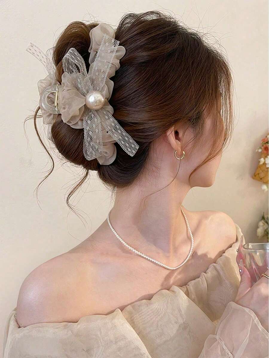 1pc Pearl Ribbon Ruched Mesh Hair Clip, Large Soft Hair Clip, Designed For Women, Suitable For Holiday Celebrations, Party Gatherings, Summer Hair Accessory Matching And Vacation Travel Wear - Regular Model - View 1