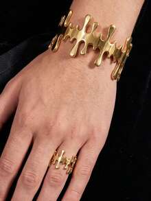 Set de 2 piezas de pulsera y anillo con diseño elegante vintage abstracto de goteo de lava, regalo de escultura artística única, adecuado para el uso diario de las mujeres y para regalar - Dorado - Ver 3