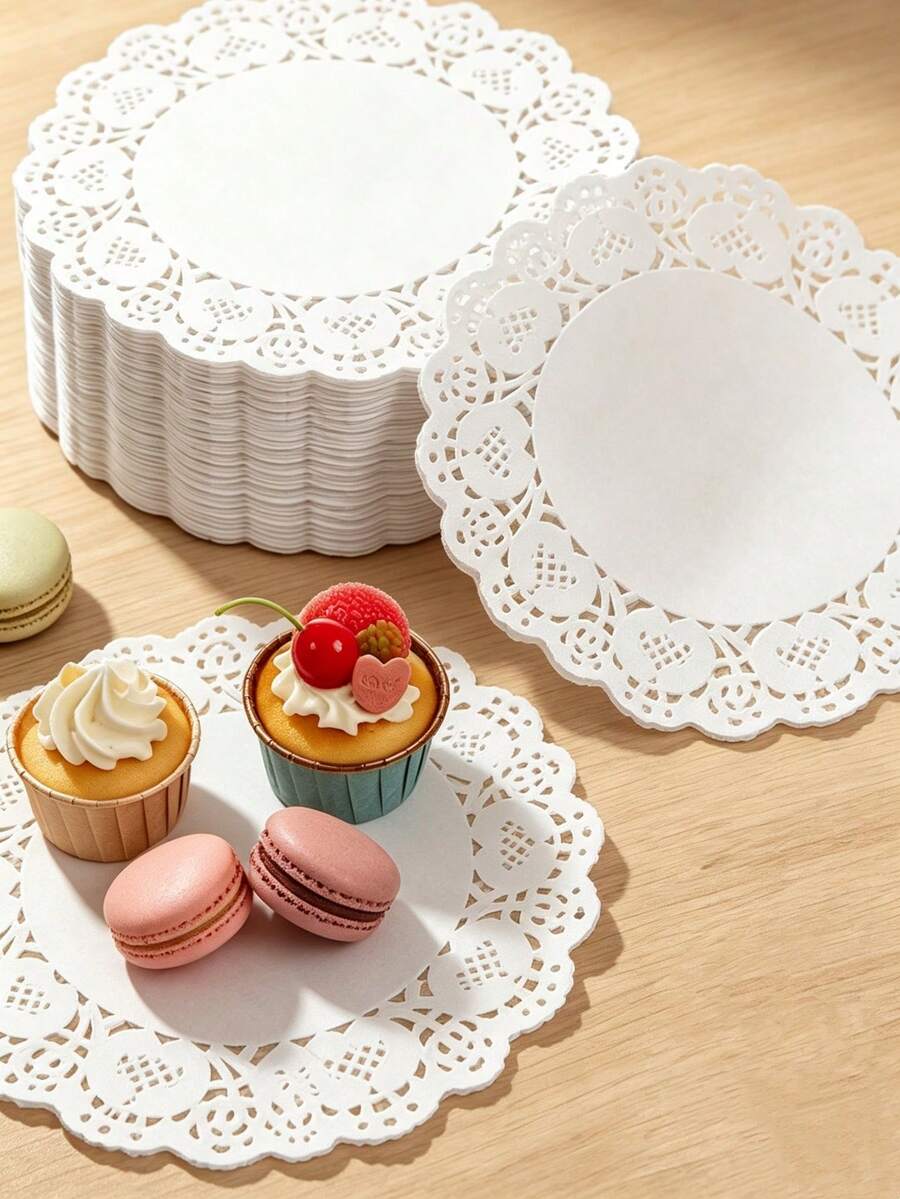 50/100/200pcs Round Lace Doilies, Lace Cupcake Liners, Used For Fried Foods, Desserts, Cookies, Party, Wedding, Table Decoration, Cookie And Cake Liners