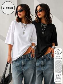 Women's Fashion 2pcs Loose Fit Traceable Cotton Short Sleeve T-Shirt, Round Neck, Solid Color, Regular Loose Fit, Suitable For Casual Summer New Style - Multicolor - View 1