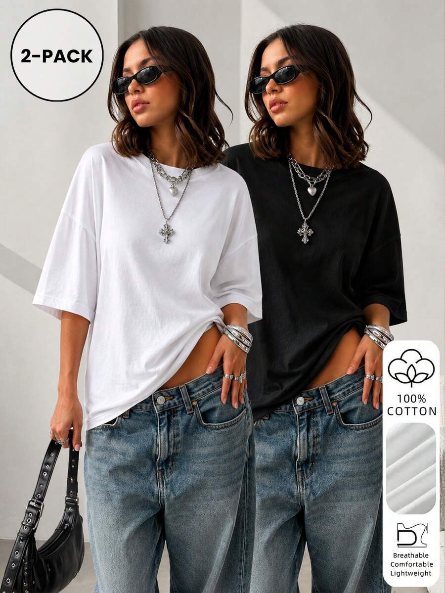 Women's Fashion 2pcs Loose Fit Traceable Cotton Short Sleeve T-Shirt, Round Neck, Solid Color, Regular Loose Fit, Suitable For Casual Summer New Style - Multicolor - View 1
