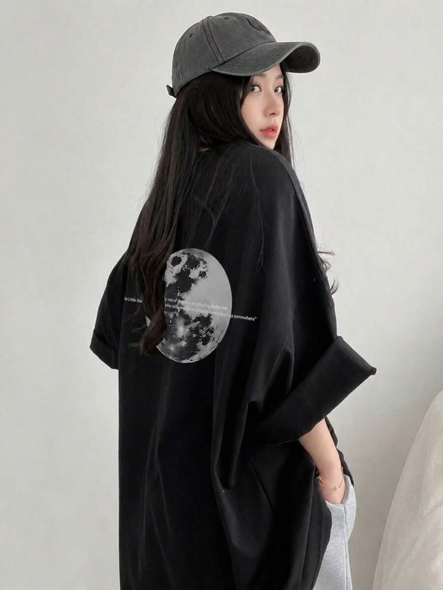 日系女式宽松休闲百搭印花短袖T恤 黑色 夏季 - 黑色 - 查看 1
