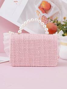 1pc Mini Kids Handbag With Pearl Lace And Bow Decor Flap Closure, Fashion Chain Crossbody Bag For Girls, Snack Coin Purse, Suitable For Holidays And Daily Use - Pink - View 3