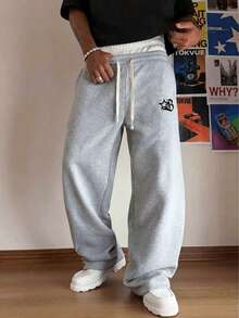 Men's Casual Lightweight Sports Pants, Unisex. Featuring A Loose Straight Fit And Drape, Suitable For Home And Outdoor Activities. Made Of 100% Polyester, With Drawstring Waist For Easy Adjustment - Light Grey - View 4