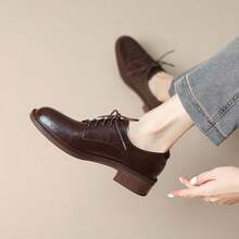 Vintage Lace-Up Women's Leather Shoes, British Style, With Heel, Suitable For Commuting, College Style, Black Versatile Shoes. - Dark Brown - View 4