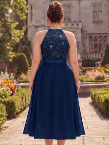 Plus Size Halter Neck Sequin Floral Lace Ruched Chiffon Dress, A-Line Skirt, Back To School Dress, Elegant Semi-Formal Dress - Navy Blue - View 2
