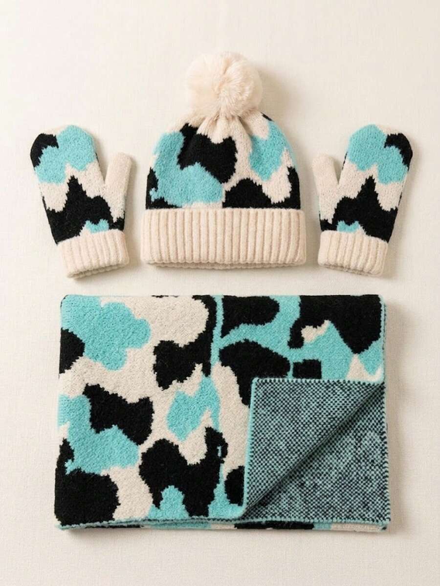 Children's Thick Warm Knitted 3-Piece Set, Colorblock Random Pattern Cute Cow Print Pom Pom Hat + Gloves + Scarf - Multicolor - View 1