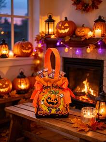 5/8/12 Pcs Halloween Candy Bags Drawstring Tote With Handles And Free Plush Doll, 100% Fabric Small Reusable Gift Bags For Trick Or Treat, Party Favors, Candy Storage, Assorted Pumpkin Ghost Bat Patterns - A - View 10