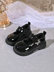 Girls' Shiny Mary Jane Shoes With Metal Butterfly Decor, Double Buckle, Non-Slip, Beige Princess Shoes - Black - View 2