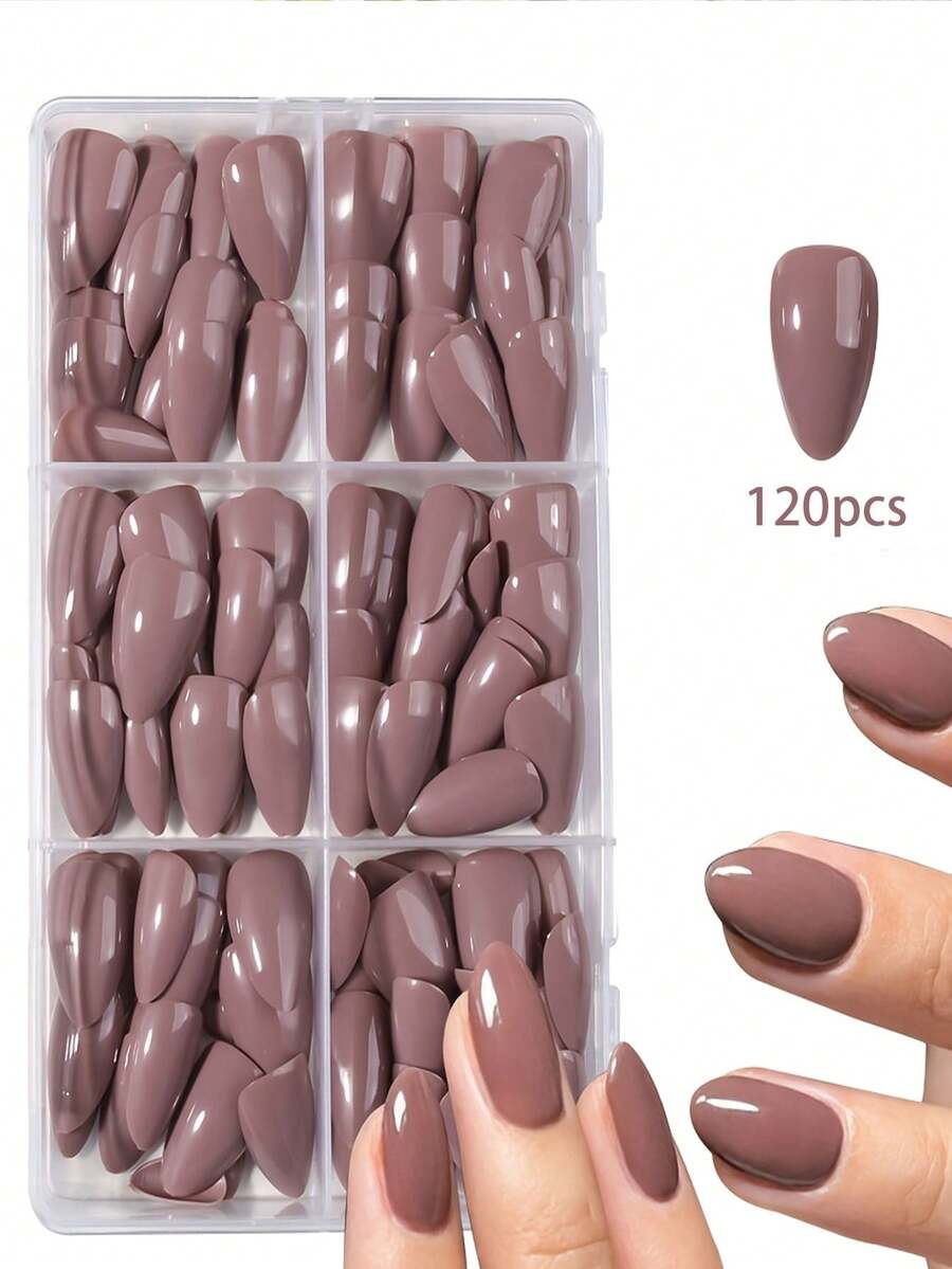5pcs/Set (120pcs) Y2K Almond Shape Brown Short Full Coverage False Nails, Suitable For Women And Girls Daily And Party Use, Nail Art Supplies