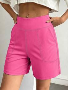 Spring/Summer Women's 1 Piece Athletic Tight Shorts, Multi-Color High Waist Tummy Control Arm-Flattering Slimming Outdoor Cycling Yoga Sports - Hot Pink - View 5