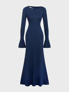 QUNGIGU Women Elegant Boat Neck Dress Backless Flare Sleeve Tie Back Fall Apparel For Wedding Guest Going Out Dating - Blue - View 7
