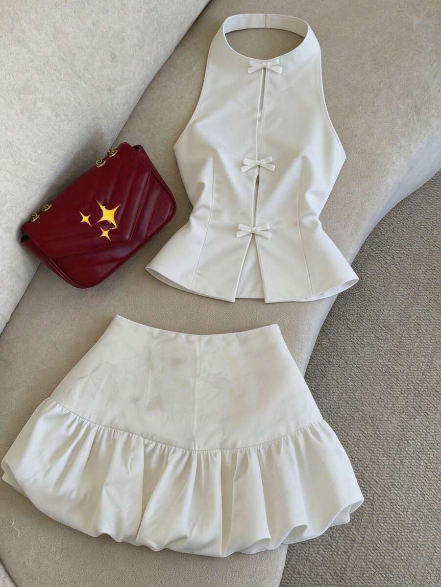 女款兩件套:優雅純色圓領無袖背心上衣與蝴蝶結荷葉邊裙擺白色夏季套裝 - 白色 - 查看 1