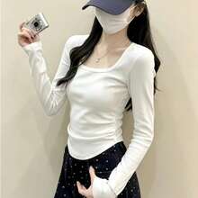 白色方領長袖修身女款T恤，秋季穿搭時尚百搭，抽褶設計修身短版上衣 - 白色 - 查看 2