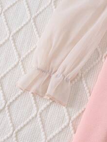 Autumn Girls' Fashion Elegant Round Neck Pearl Decor Large Bow Chiffon Long Sleeve Dress - Pink - View 5