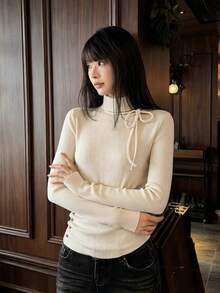 Korean Style Retro Long Sleeve Knit Sweater Women's High Neck Slim Fit Base Layer Top - Apricot - View 4