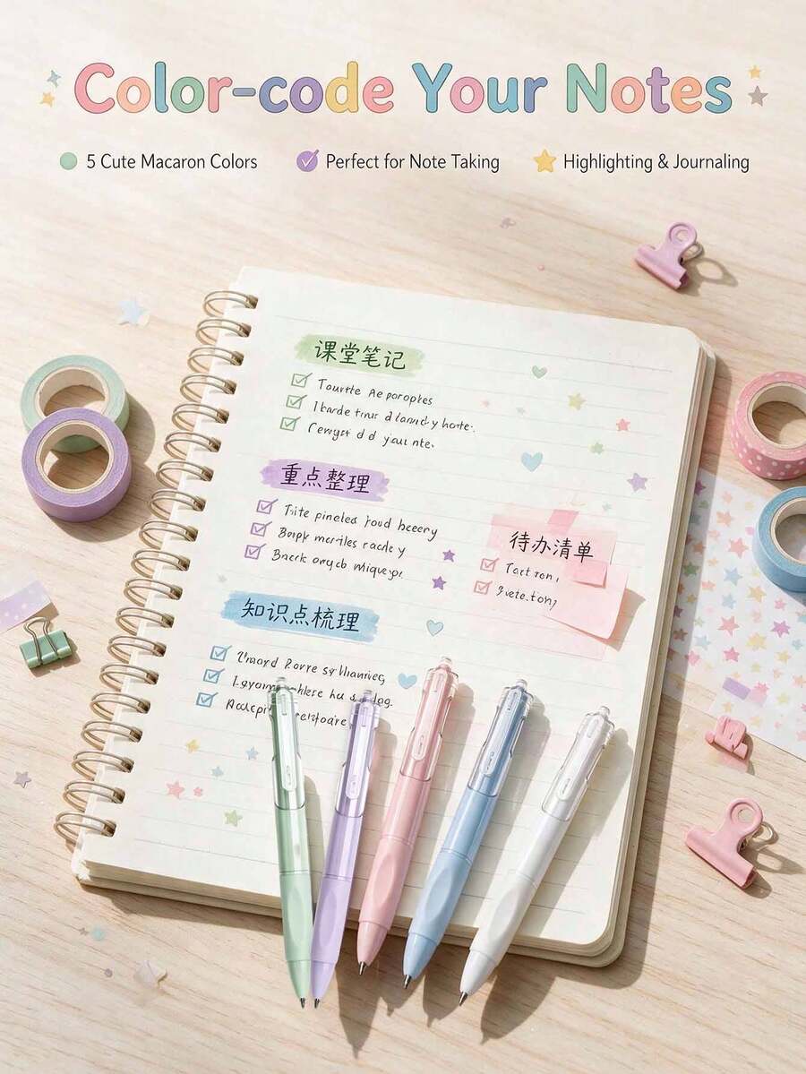1/5pcs Rainbow Mousse Macaron Color Retractable Gel Pens, Quick-Dry Black Ink, Soft Rubber Non-Slip Grip Ballpoint Pens, Smooth Writing Pens For Students' Exam Practice And Note-Taking, Back To School Gift For Friends - Sets - View 1