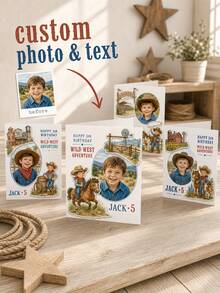 Custom Photo And Name Western Cowboy Birthday Greeting Card, Personalized Age Card With Raised Paper Layers, 3D Western Birthday Card, Cowboy Theme Keepsake, Birthday Greeting For Kids, Children, Sons, Daughters, Family And Western Party Celebrations - Multicolor - View 2