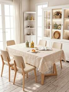 1PC Gray Linen-Like Rectangular Lace Tablecloth, Linen Texture Floral Embroidered Lace Trim Table Cover, Romantic Decorative Tablecloth, Suitable For Dining Table, Party And Home Decor - Beige - View 2