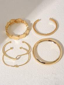 5pcs Exaggerated Leaf Glossy Gold Personalized Asymmetrical Striped Open Bangle Set, Suitable For Women's Daily And Holiday Wear - Gold - View 2