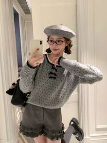 Korean Style Polka Dot Lace Bow Sweater Women Autumn/Winter Lazy Design Versatile Casual Top - Grey - View 5