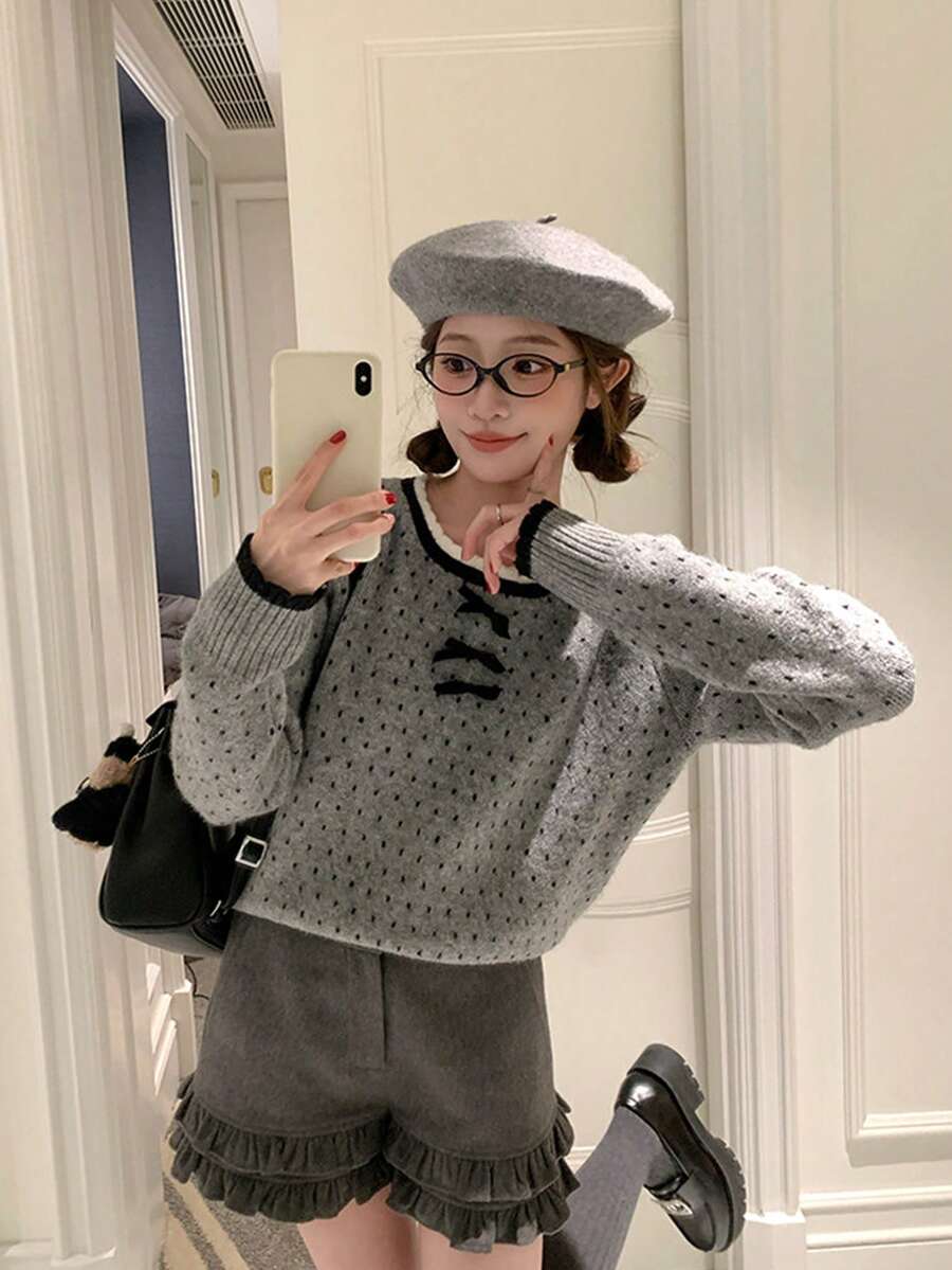 韓式波點蕾絲蝴蝶結女款毛衣 秋冬慵懶風百搭休閒上衣 - 灰色 - 查看 1