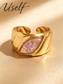 Uself 5pcs/1pc Cincin Lebar Bertekstur Vintage, Desain Alur Mata Kuda Cangkang Hancur Multi-Warna, Cincin Jari Telunjuk Mewah Kelas Atas yang Dapat Diatur - MultiWarna - View 4
