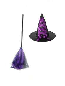 Women Halloween Witch Cosplay Costume Set, Witch Hat, Tulle Skirt & Broom Prop, Fancy Dress Outfit For Theme Party Masquerade Ball Stage Performance - Multicolor - View 11