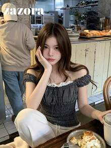 Korean Style Cold Shoulder Plaid Bow Top, Textured Short Petal Sleeve Cinched Waist Summer Blouse - Black and Brown Stripes - View 3