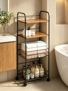 4‑Tier Rolling Storage Cart, Metal‑Wood Slim Organizer With Lockable Wheels & Wire Baskets, Mobile Storage Rack For Bathroom, Laundry, Kitchen Narrow Corner, Perfect For Home Users Storing Towels, Toiletries & Cleaning Supplies - Multicolor - View 1