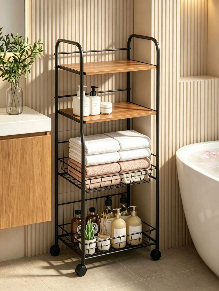 4‑Tier Rolling Storage Cart, Metal‑Wood Slim Organizer With Lockable Wheels & Wire Baskets, Mobile Storage Rack For Bathroom, Laundry, Kitchen Narrow Corner, Perfect For Home Users Storing Towels, Toiletries & Cleaning Supplies - Multicolor - View 1