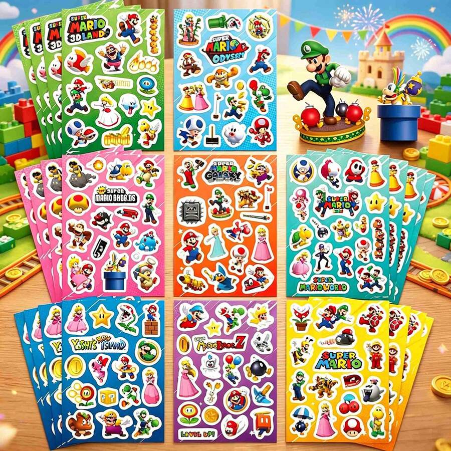 SUPER MARIO BROS. 1set/8pcs Cartoon Themed Stickers, A Variety Of Classic Characters And Interesting Patterns. It Can Decorate Hand Accounts, Water Cup Notebooks, And Is A Small Gift For Children's Parties. Halloween, Christmas And Other Festivals (Stochastic Style) - Multicolor - View 1