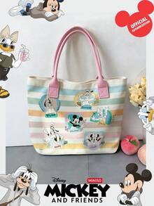 Miniso Disney Mickey And Friends Canvas Tote Bag With Pastel Striped Print Shoulder Bag With Handles For Daily Use - Pink - View 1