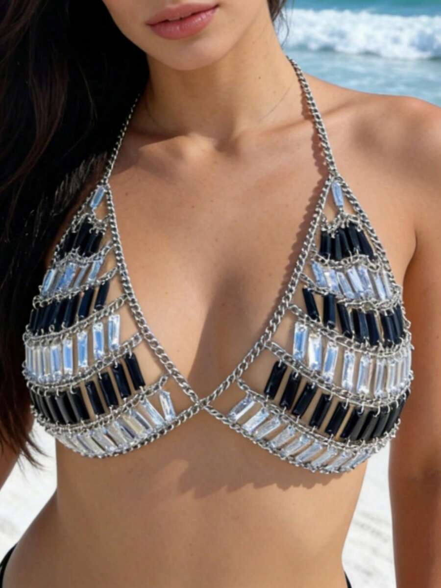ZHENGHEN Handmade Exquisite Black Transparent Rhinestone Striped Body Chain Bustier, Handmade Rhinestone Bikini Top Suitable For Beach Vacation And Nightclub - Black and White - View 1