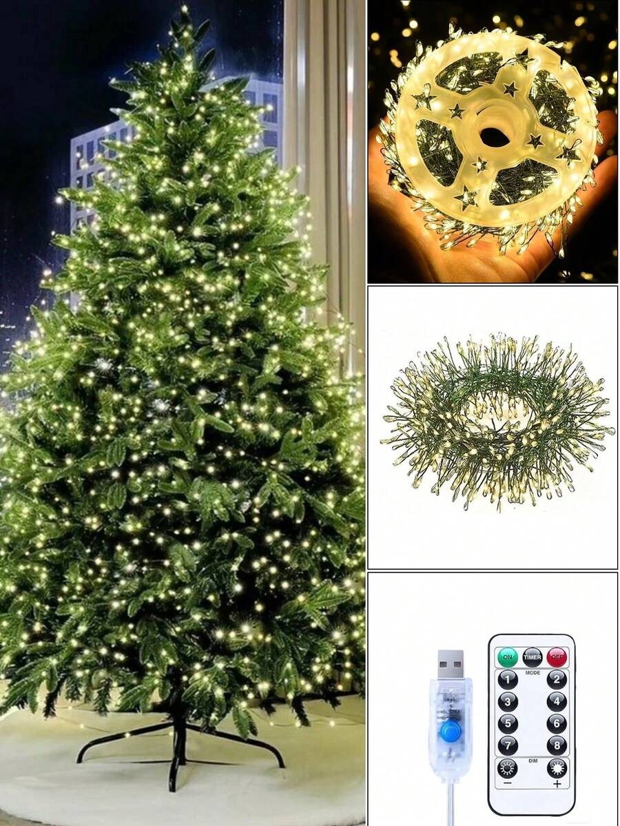 USB Powered LED Christmas Tree String Lights, 8 Lighting Modes, With Remote Control, Timer, Adjustable Brightness Warm White Star Lights, Green Wire Decorative Lights, Suitable For Christmas Tree, Holiday Indoor And Outdoor Decoration