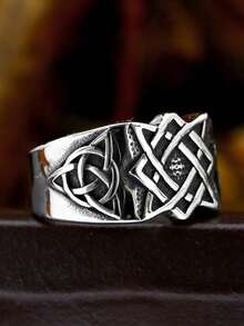 1pc Men's Ring, Antique Silver Stainless Steel, Waterproof Anti-Fading Hypoallergenic Geometric Pattern Vintage Versatile Ring, Suitable For Daily Wear, Party, Gathering, Size 7-12 - Antique Silver - View 10
