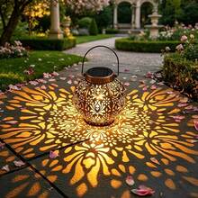 Rustic Iron Peony Solar Hanging Lantern, Handy Exquisite Patterned Solar Carry Lamp, Mellow Glow For Garden Patio Balcony Camping Lawn Decor, Ideal For Christmas, Halloween Ghost Party, Fine Decorative Light Gift For Birthday And Holiday Occasions - Solar Peony Iron Lantern Light - View 4