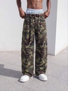 Men's Jungle Camo Cargo Pants, Functional Punk Side Metal Snap Buttons, Built-In Belt, Loose Straight Leg Y2K Long Pants - Army Green - View 3