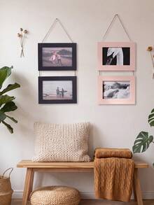 Vintage Modern Minimalist Rechargeable Photo Frame Collage Inch Natural Jute Rope 2pcs Set Multi-Grid Photo Frame, Empty Wooden Photo Frame Decor, Suitable For Home Bedroom And Living Room - Multicolor - View 4
