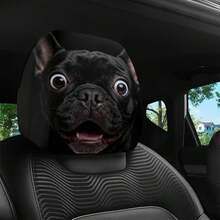 2pcs Funny Black French Bulldog Car Headrest Covers, Double-Sided Print Soft Stretchable Unisex Headrest Towels, Car Interior Decoration Universal Fit Headrest Protector - Black - View 2