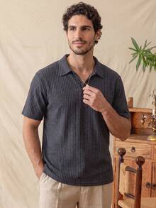 glestore Men's Retro-Style "Old Money" Collared Ribbed Polo Shirt, Perfect For Vacations, Commuting, And Everyday Wear - Grey - View 5
