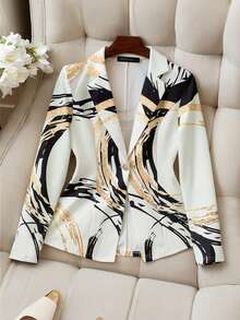 HOMEYEE Elegant Women's Knitted Long Sleeve Regular Blazer, Abstract Gold Print, Suitable For Autumn And Luxury Outfits - White - View 7
