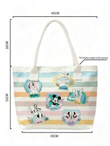 Miniso Disney Mickey And Friends 帆布托特包，馬卡龍色條紋印花，附手柄肩背包，適合日常使用 - 白色 - 查看 6
