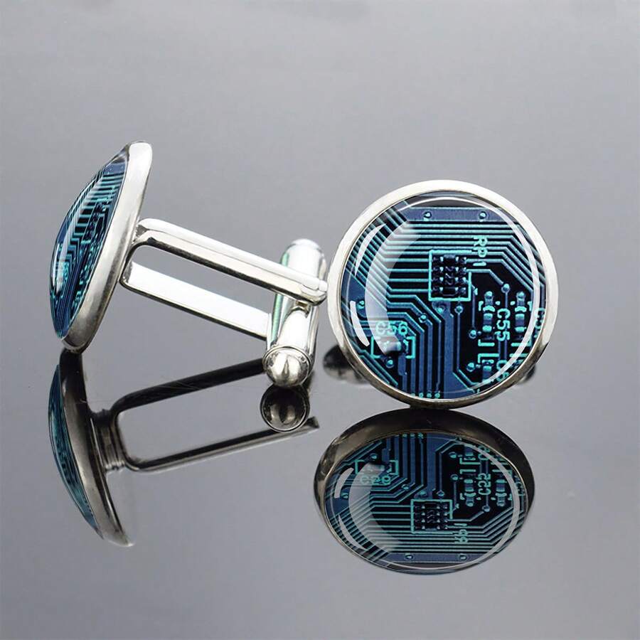 1 Pair Circuit Board Pattern Cufflinks Glass Inlaid Circular Decoration Men's Formal Gift Elegant Design Exquisite Style Business Accessories - Silver - View 1