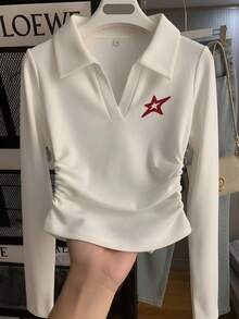 Korean Style Sweet & Cool V-Neck Collared Cinched Waist Ruched Long Sleeve T-Shirt, Red Star Chest Logo, Elastic Slim Fit Cropped Top, Autumn - White - View 3