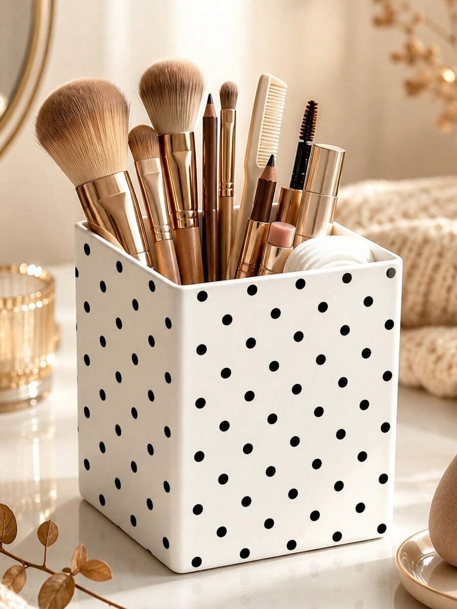 1pc New Black Polka Dot Multi-Functional Storage Organizer Box - Cosmetic Storage Box, Desktop Organizer, Bathroom Countertop Storage Rack (Suitable For Storing Cosmetics, Makeup Brushes, Jewelry, Tableware, Straws, Tea Bags, Pens, Remote Controls And Small Items); Suitable For Dressing Table, Bathroom, Kitchen, Office, Bedroom, Living Room Compact Space-Saving Storage Supplies (Please Note Size And Random Polka Dot Position Before Ordering) - Multicolor - View 1