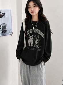 Women's Loose Fit Letter & Cat Print Long Sleeve T-Shirt, Versatile For Spring And Autumn Casual - Black - View 3