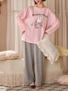 Gongdie 2pcs Miffy Women's Pajama Set, Autumn Pink Soft Cotton Loungewear With Pockets - Pink - View 10